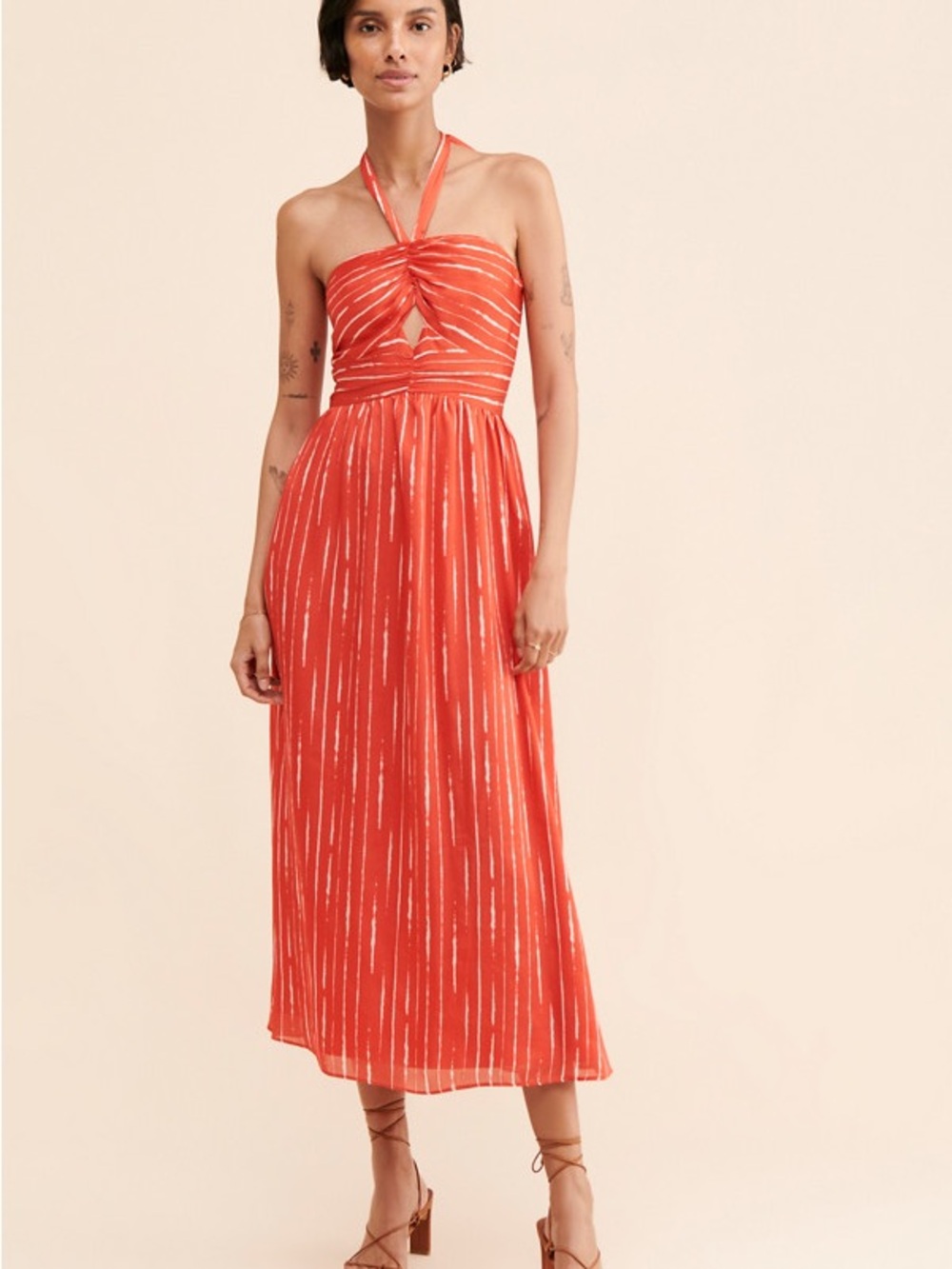 Satin Sachin + Babi Coral Metallic-Striped Midi Dress